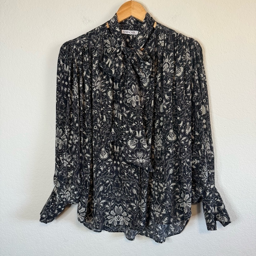 Maria Cher Black Floral Printed Blouse Silk Neck Tie Detail Button Front Shirt